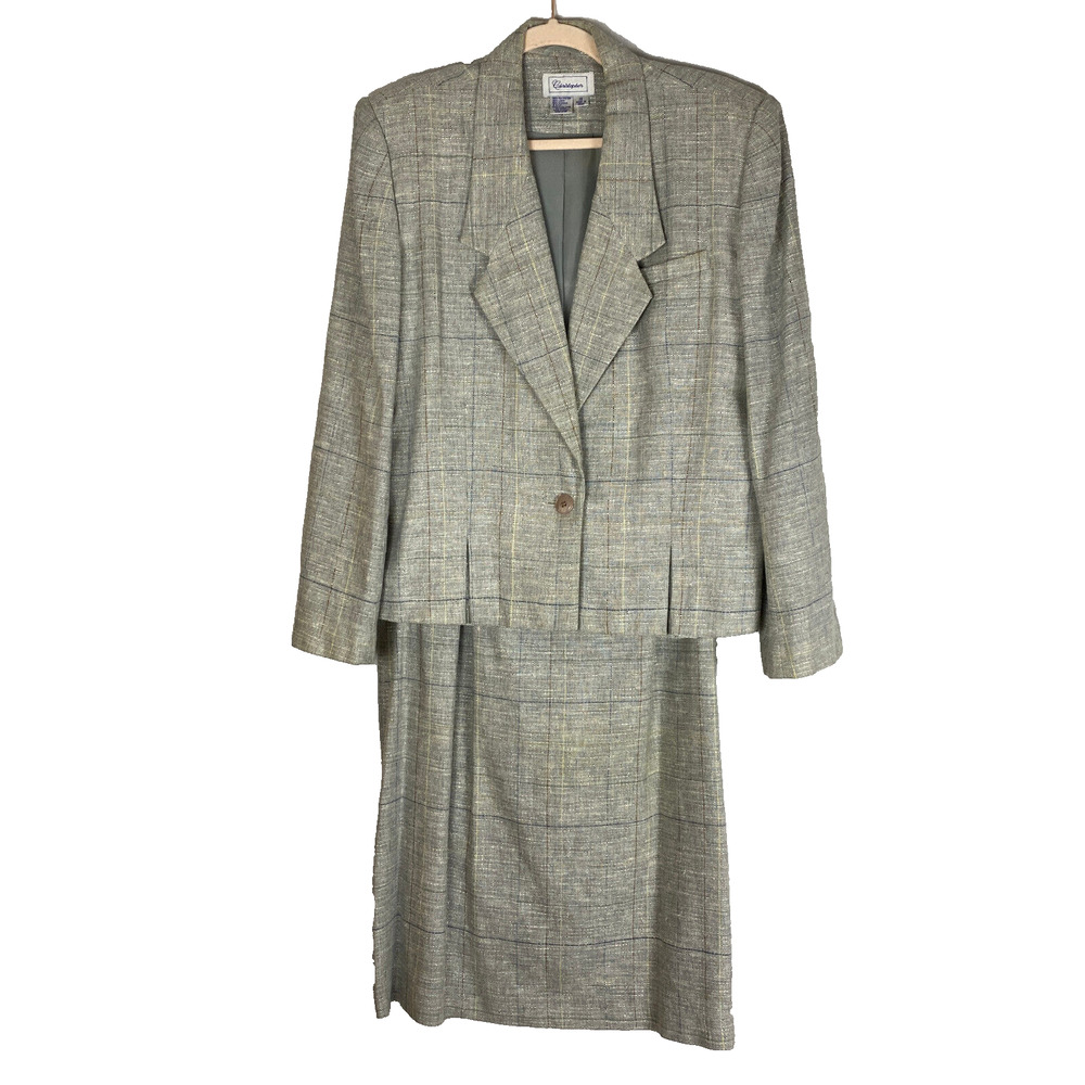Vtg 90s 80s Christopher Skirt Suit Sz 16 Linen Blend Shoulder Pads Gray Lined